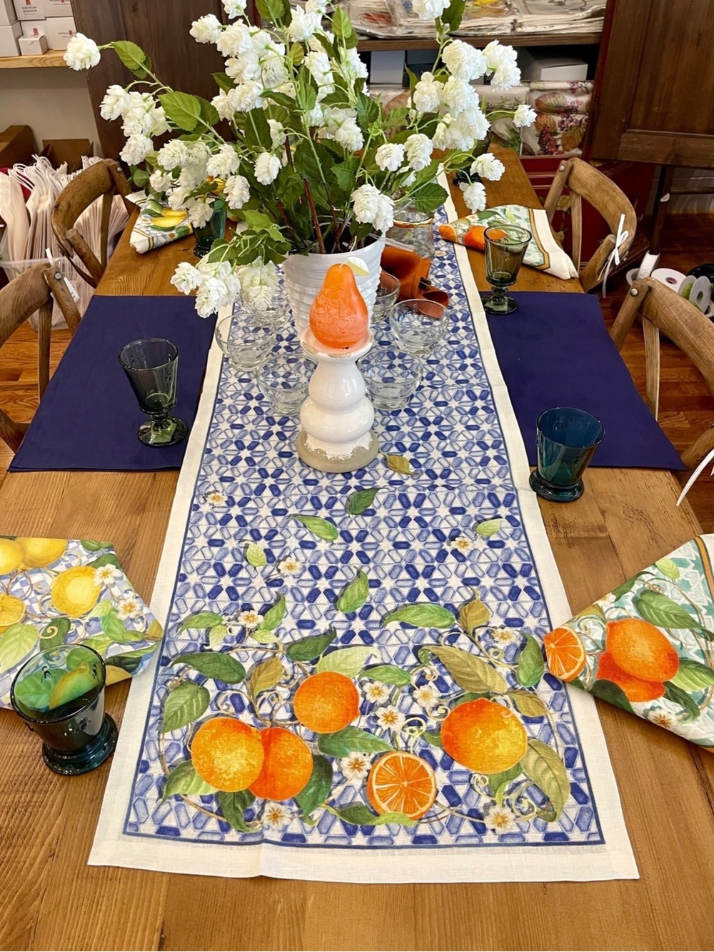 Tessitura Toscana Telerie Italian Linen Sevillana citrus print table runner.
